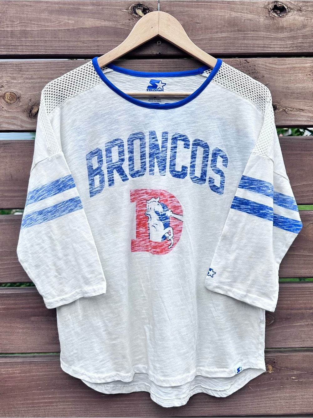 STARTER Women’s Denver Broncos Scoop Neck Mesh Shoulder 3/4 Sleeve T-Shirt